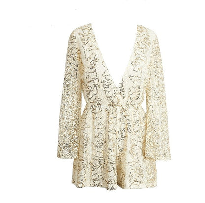 lace jumpsuits rompers  deep v long sleeve shorts