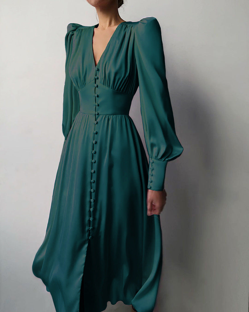 Design Balloon Sleeve Nipped Waist French Satin Dress