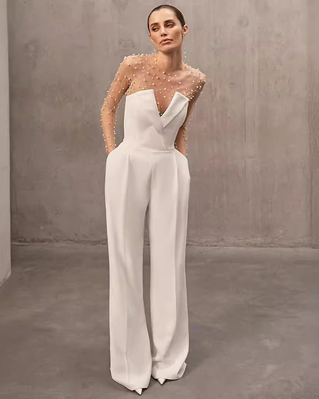 Foam Mesh Top Jumpsuit Casual Suit