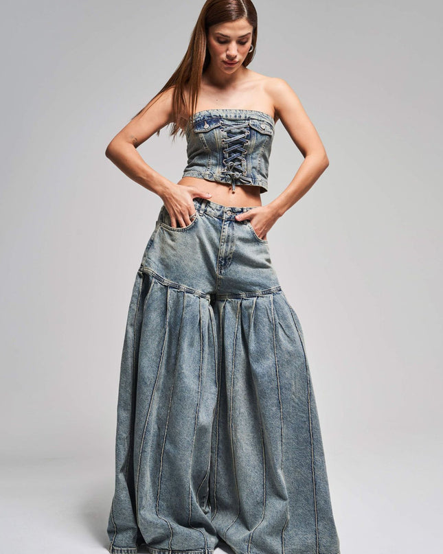 Strapless Denim Corset Crop Top & High - Waisted Pleated  Wide - Leg Pants Set