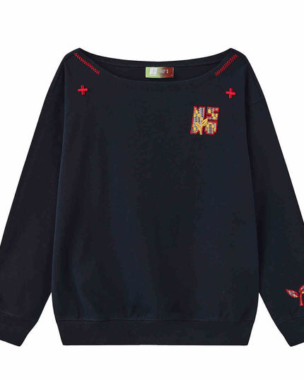 Women's Paste Cloth Embroidery Slant Shoulder Loose Long Sleeve Top