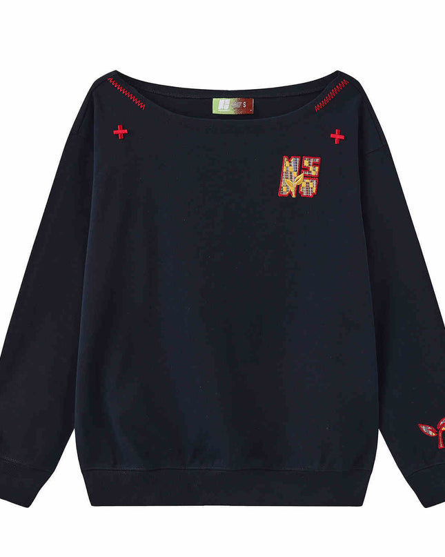 Women's Paste Cloth Embroidery Slant Shoulder Loose Long Sleeve Top