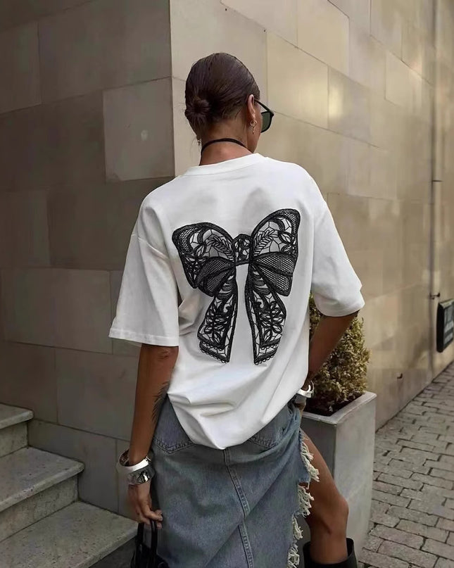 Millennium Bowknot Short-sleeved T-shirt Women's Lace Stitching