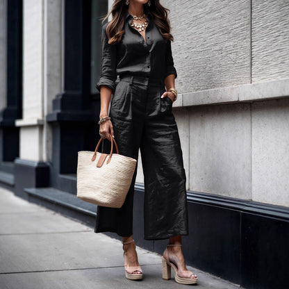 Women's Fashion Minimalist Long Sleeve Top Loose Wide Leg Pants Suit