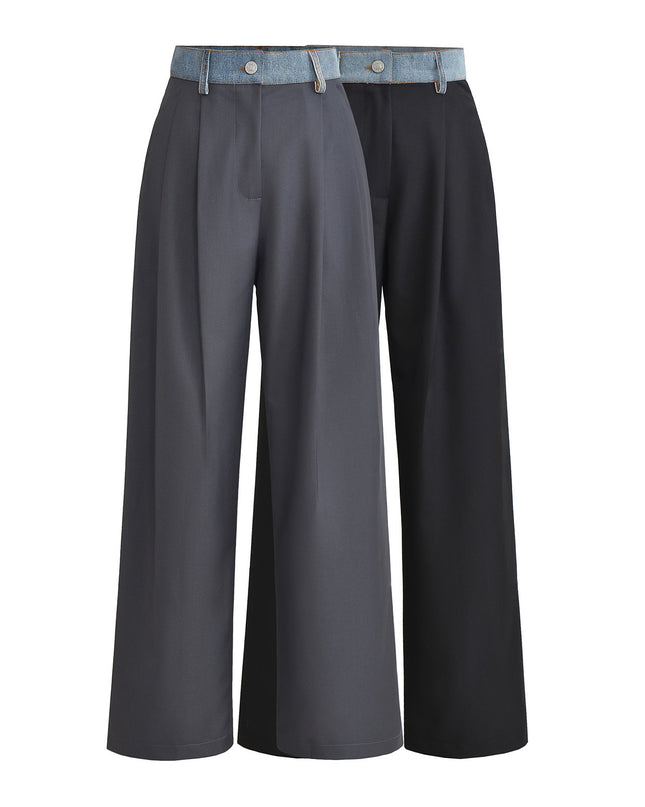 Color Contrast Patchwork Denim Waist High Waist Loose Straight Casual Pants