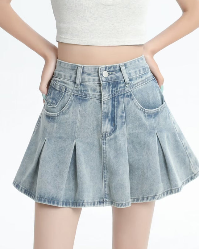Retro Denim Skirt Summer A- Line Pleated Skirt