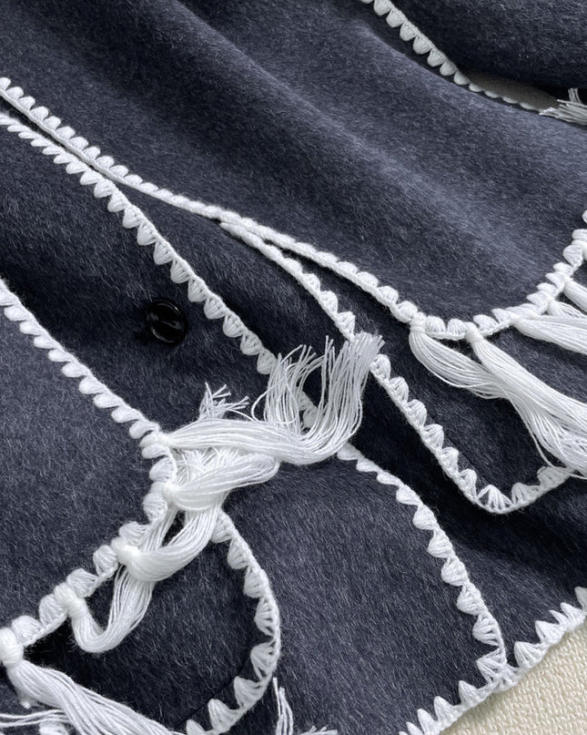 New Wool Blend Autumn And Winter Tassel Scarf Collar Loose Woolen Coat