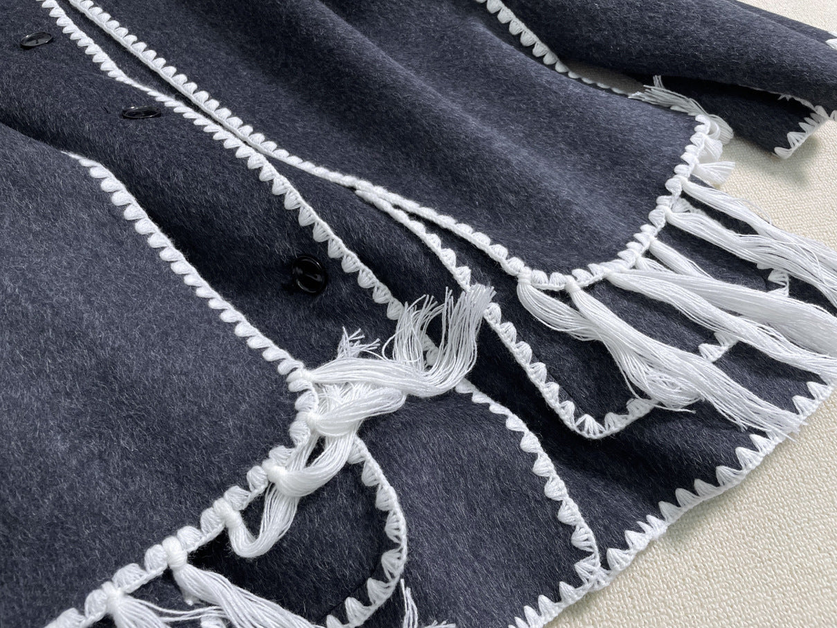 New Wool Blend Autumn And Winter Tassel Scarf Collar Loose Woolen Coat