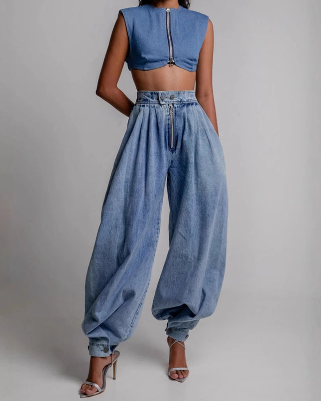 High Waist Zipper Denim Loose Harem Pants