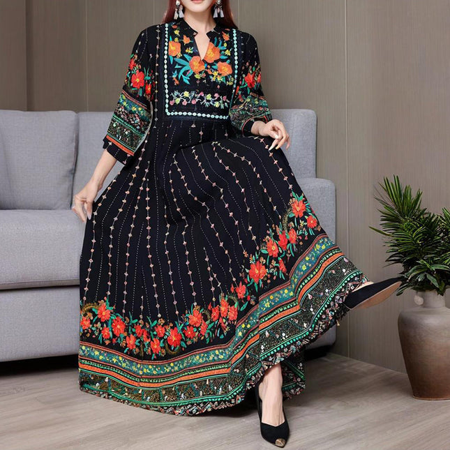 Women's Ethnic Style V-Neck Long Sleeve Dress