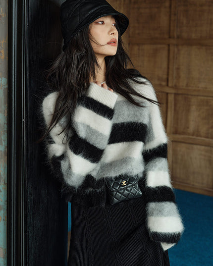 Retro High Street Color Striped Lazy Leisure Pullover Sweater