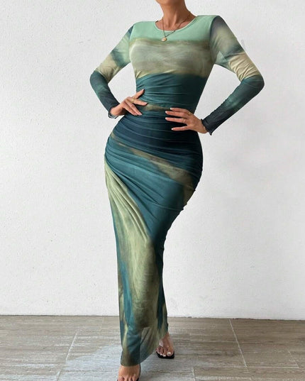 Tie-dyed Long Sleeve Slim Fit Hot Girl Long Dress