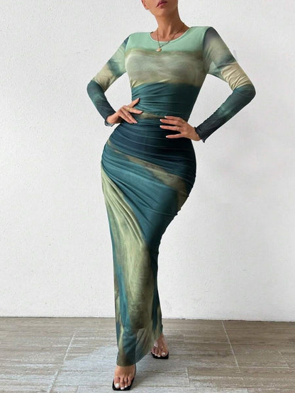 Tie-dyed Long Sleeve Slim Fit Hot Girl Long Dress