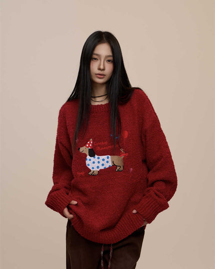 Christmas Red Couple's Sausage Dog Towel Embroidered Sweater