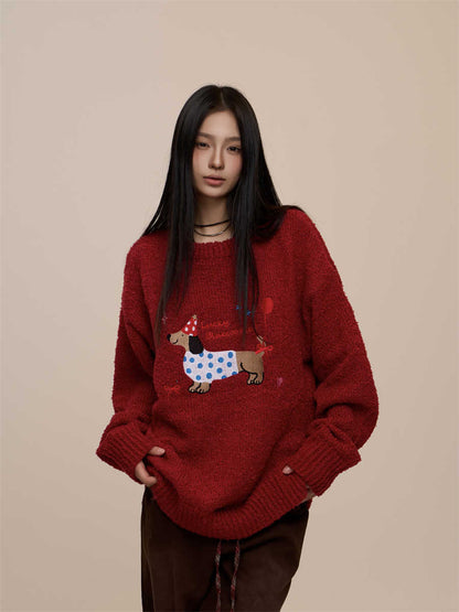 Christmas Red Couple's Sausage Dog Towel Embroidered Sweater