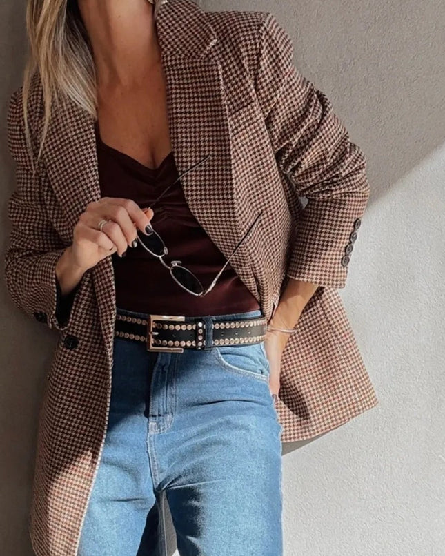 Brown Houndstooth Lapel Collar Blazer
