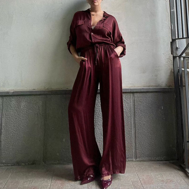 Lapel Long Sleeve Loose Shirt High Waist Trousers Two-piece Set