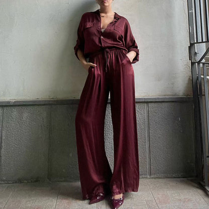 Lapel Long Sleeve Loose Shirt High Waist Trousers Two-piece Set