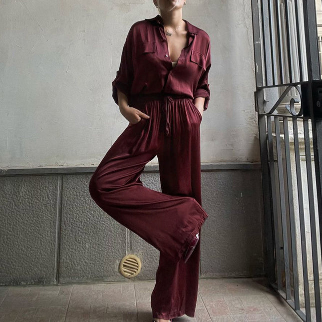 Lapel Long Sleeve Loose Shirt High Waist Trousers Two-piece Set