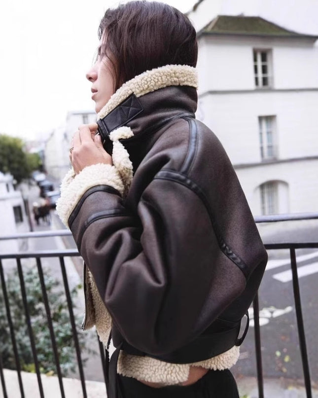 Wear Fur Integrated Lapel Thickening Warm Double-sided Casual Short Jacket Coat