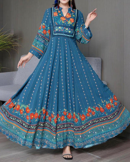 Women's Ethnic Style V-Neck Long Sleeve Dress