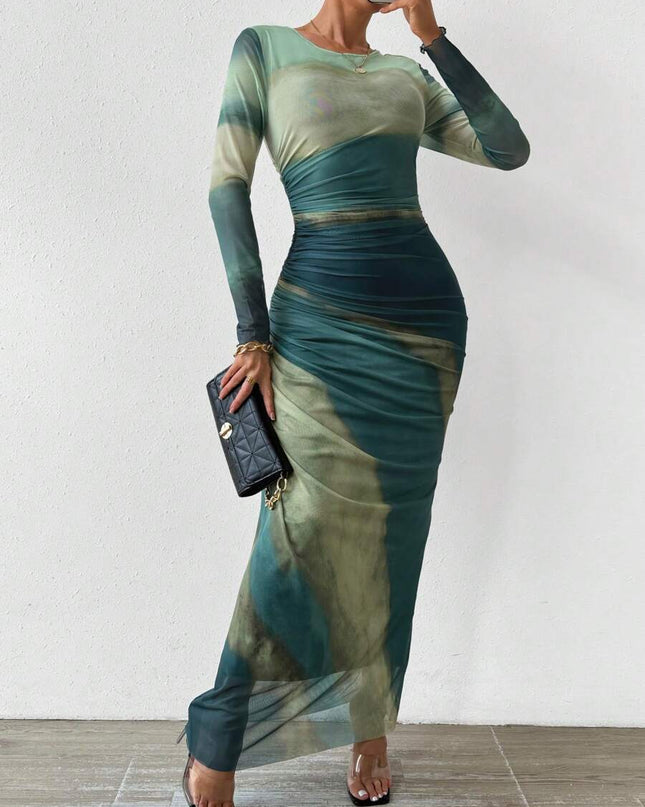 Tie-dyed Long Sleeve Slim Fit Hot Girl Long Dress