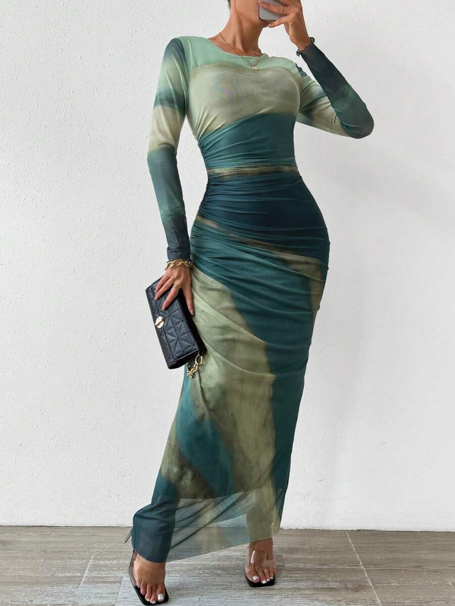 Tie-dyed Long Sleeve Slim Fit Hot Girl Long Dress