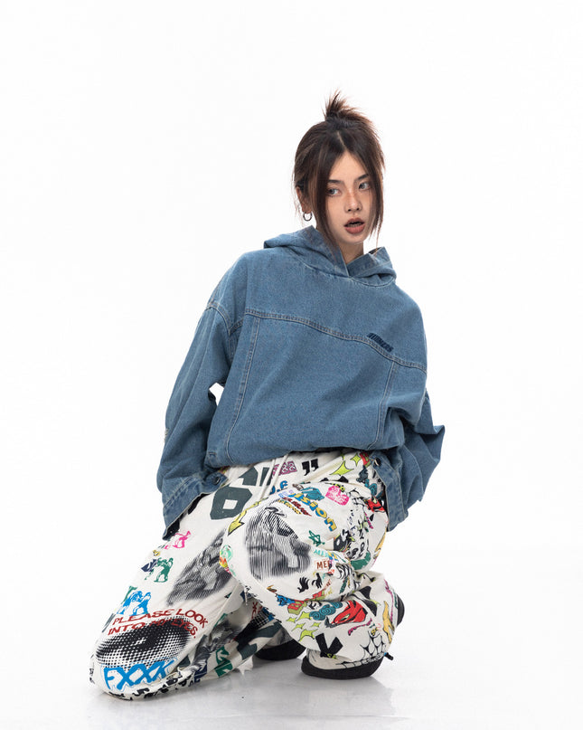 Retro Washed Loose Hooded Denim Top