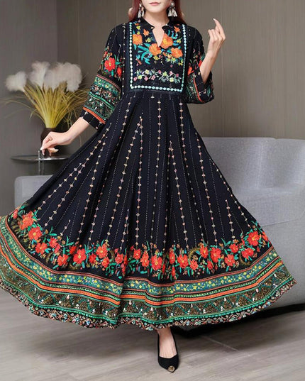 Women's Ethnic Style V-Neck Long Sleeve Dress
