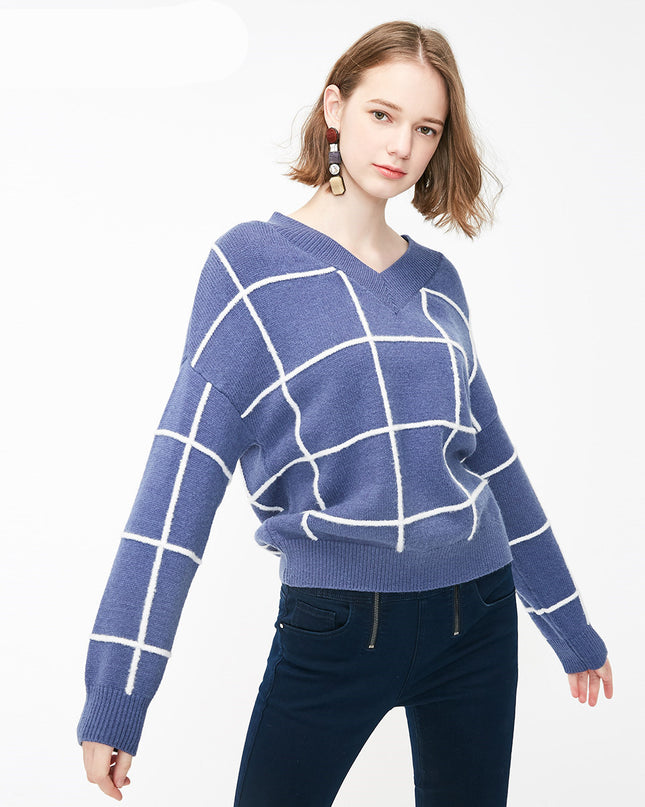 Spring new pattern check V-neck short sweater