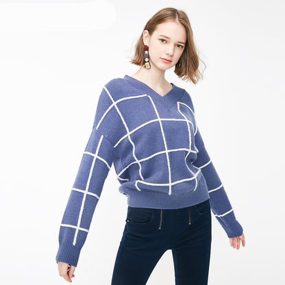 Spring new pattern check V-neck short sweater