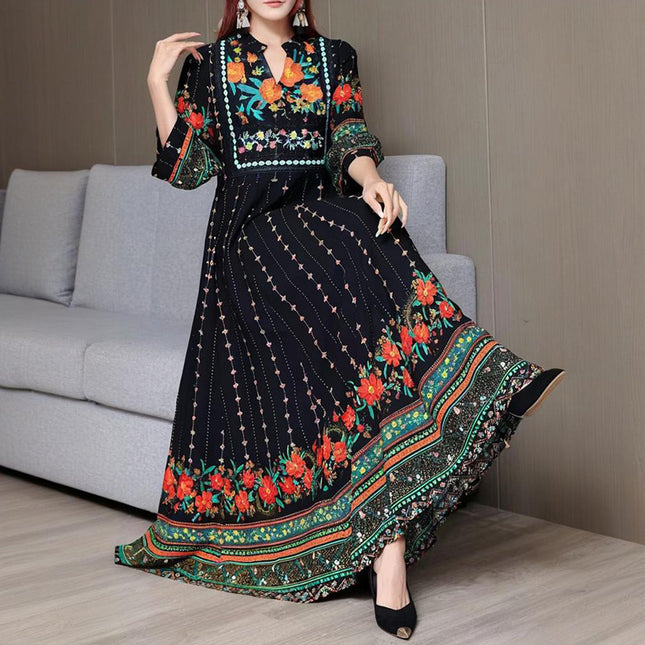 Women's Ethnic Style V-Neck Long Sleeve Dress