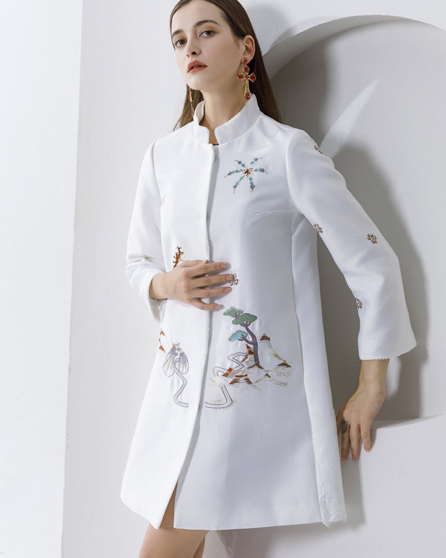 Autumn And Winter Silk Wool Stitching Lace Hit Lace Big Embroidered Mid-length Coat