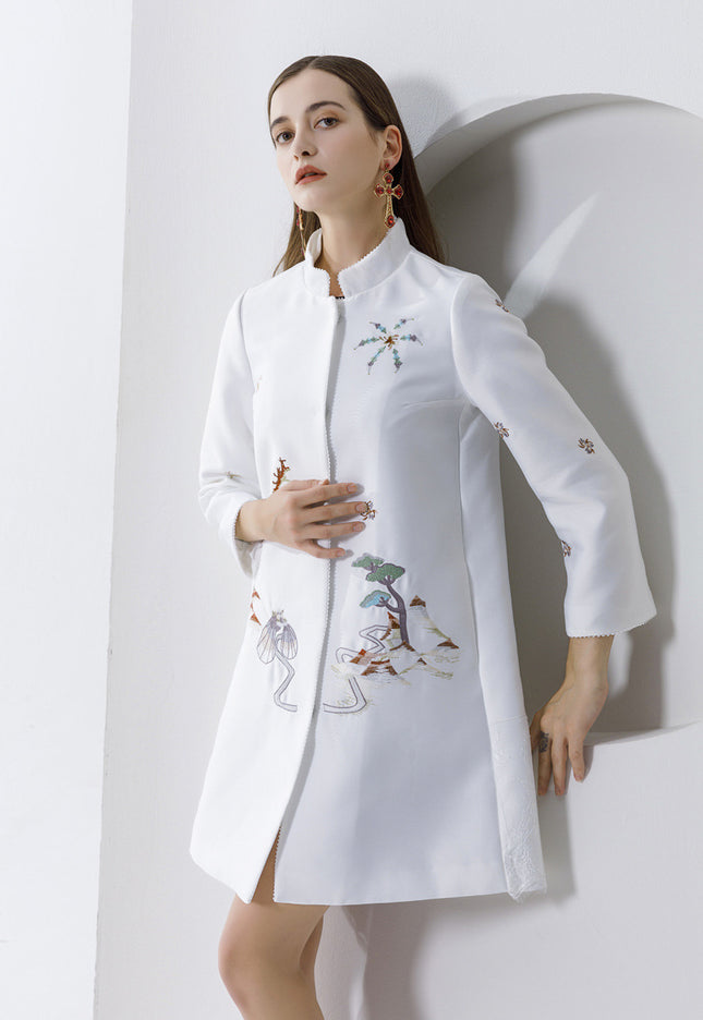 Autumn And Winter Silk Wool Stitching Lace Hit Lace Big Embroidered Mid-length Coat