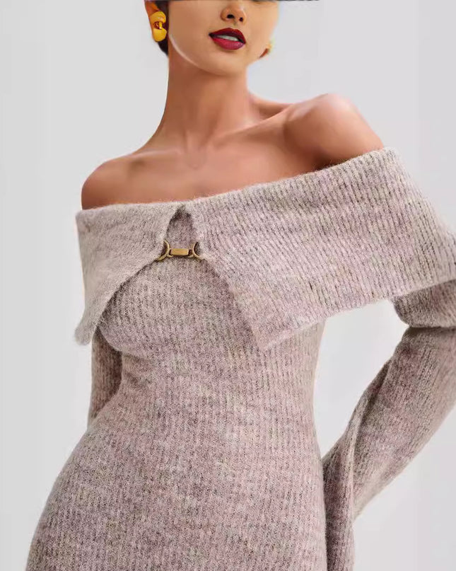 Fashion Polo Collar Off-the-shoulder Dress Striped Dress