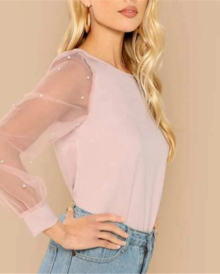 Women's Long Sleeve Beaded Mesh Patchwork Top Shirt