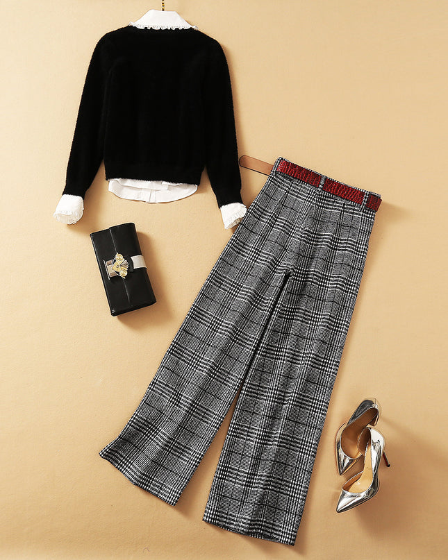 New Style Wooden Ear Shirt With Mohair Sweater And Plaid Wide-leg Pants Three-Piece Suit
