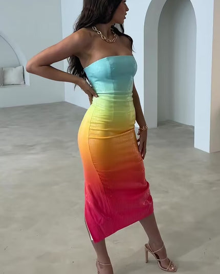 European And American Women's Clothing Fashion Sexy Figure Tube Top High Waist Gradient Color Dress Women