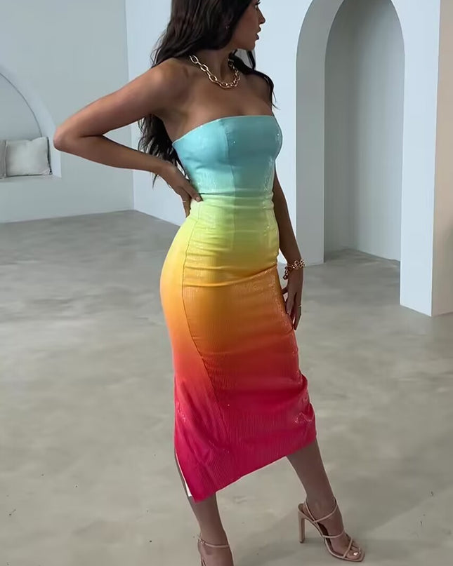 European And American Women's Clothing Fashion Sexy Figure Tube Top High Waist Gradient Color Dress Women