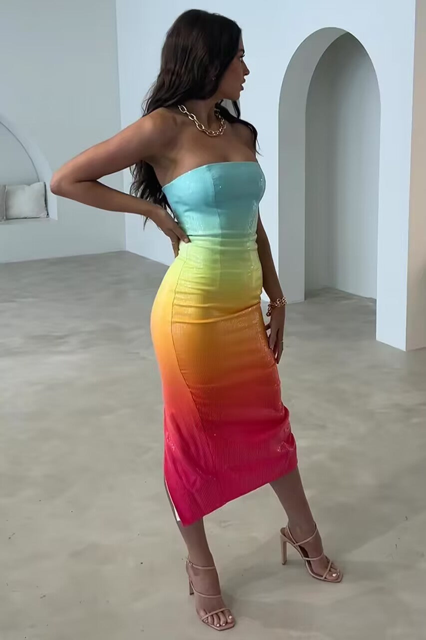 European And American Women's Clothing Fashion Sexy Figure Tube Top High Waist Gradient Color Dress Women