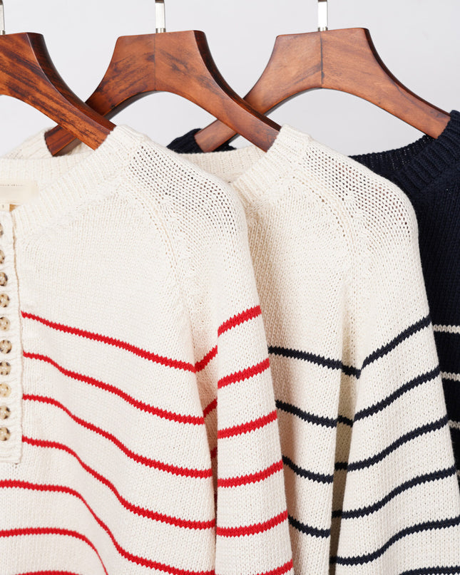 Fashion Vintage Button Striped Long Sleeve Round Neck Puff Sleeve Sweater