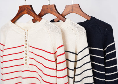 Fashion Vintage Button Striped Long Sleeve Round Neck Puff Sleeve Sweater