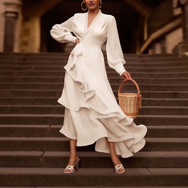 Long Sleeve Ruffles Long White Satin Dress Layered