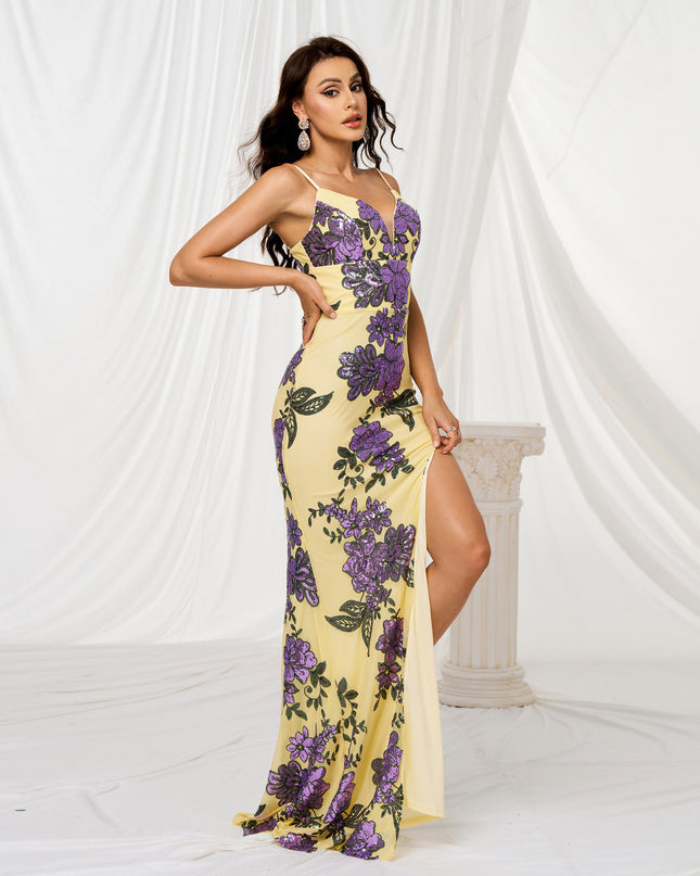 V-neck Brace Slim-fit Sheath Sequined Slit Evening Dress