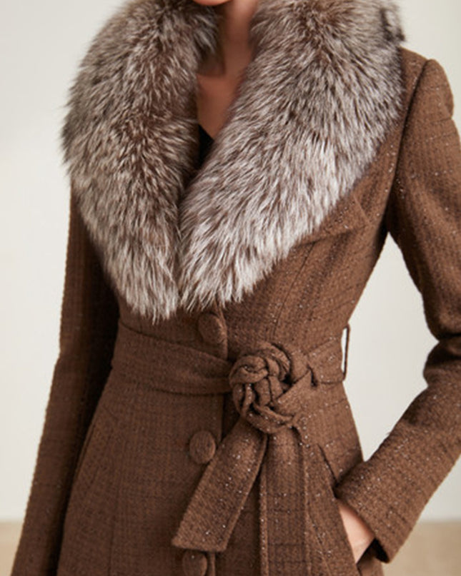 Double Collar Long Slim Fit Tweed Coat