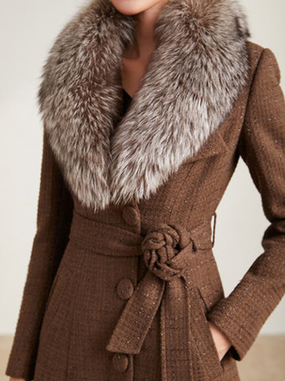 Double Collar Long Slim Fit Tweed Coat