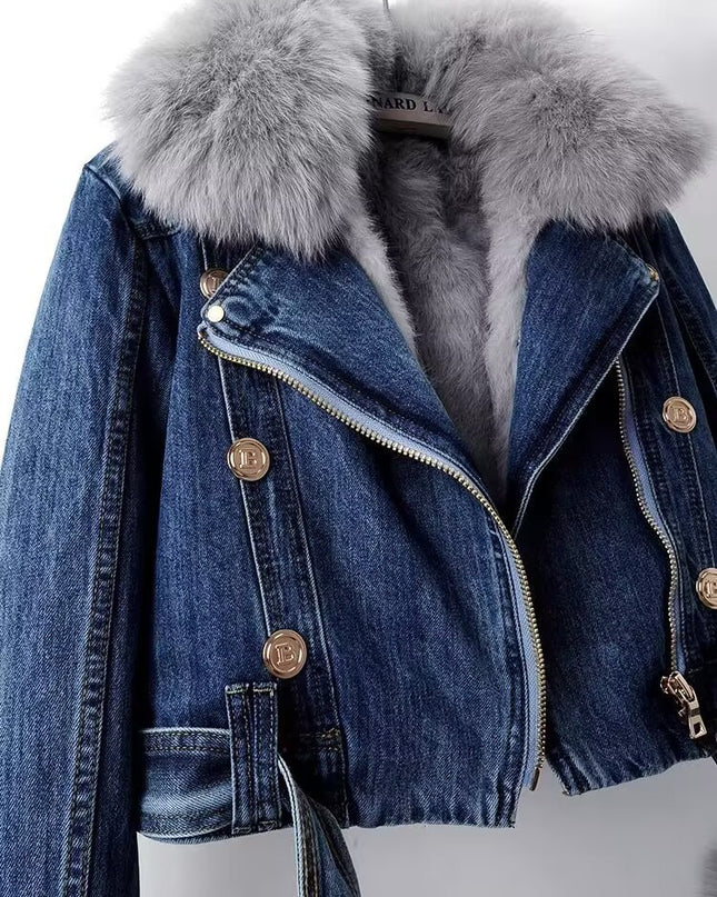 Detachable Fox Fur Rabbit Fur Liner Denim Coat