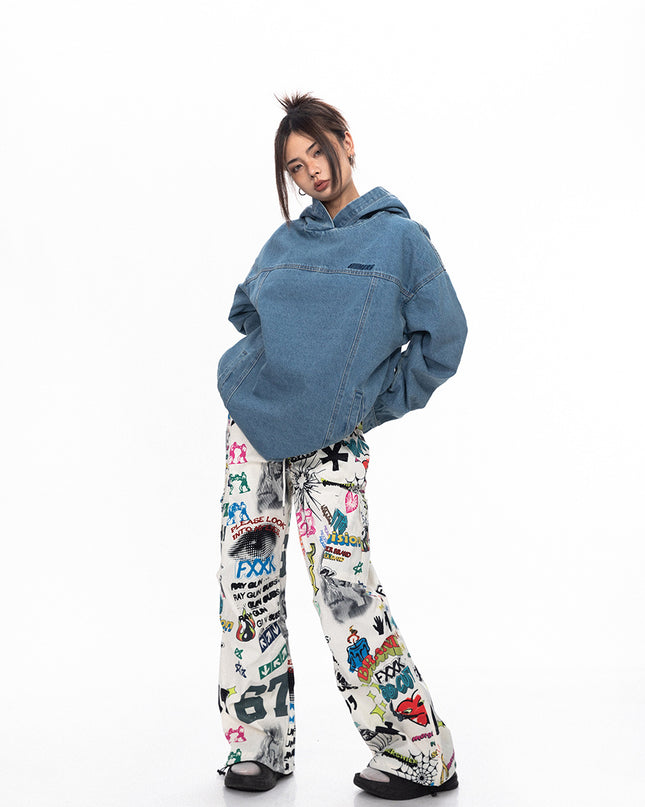 Retro Washed Loose Hooded Denim Top