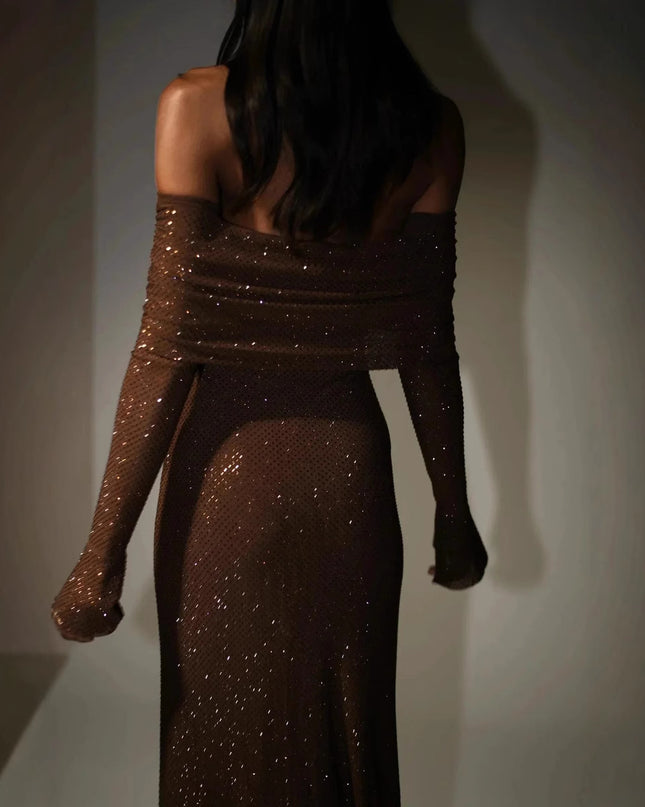 Sexy Luxury Strapless Long Sleeve Slim Rhinestone Noble Dress