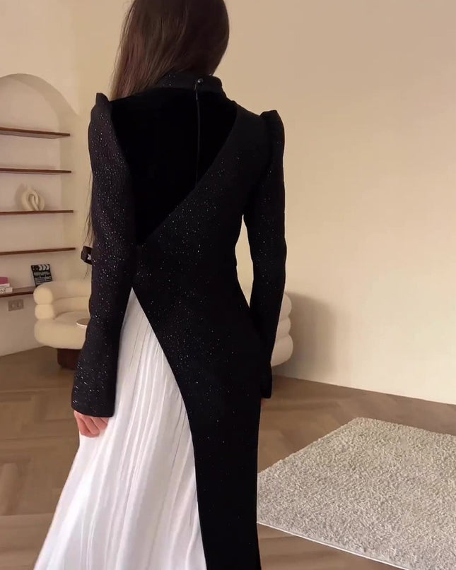 Long Sleeve Stitching Design Pleated False Two-piece Suit Dress